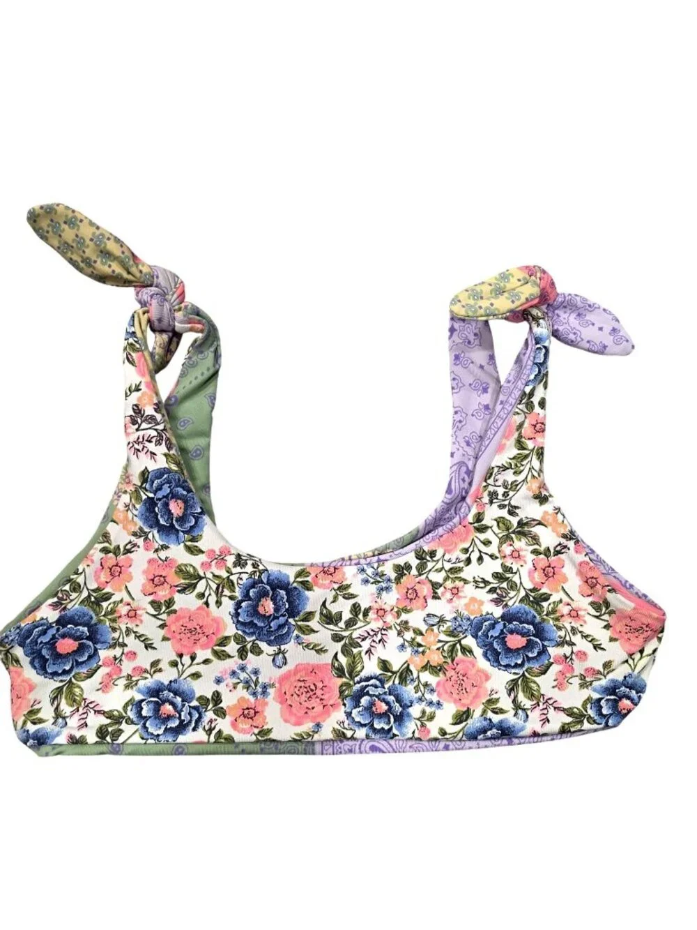 Maaji reversible Floral & Patchwork Bikini Top Adjustable Tie Straps Swimwear